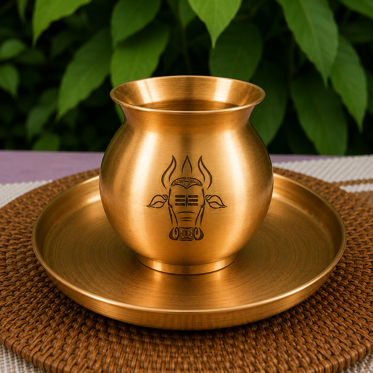 A metallic gold brass cup with a Nandi head emblem, resting on a matching gold brass saucer over a woven brown placemat, with a blurred background of green leaves.