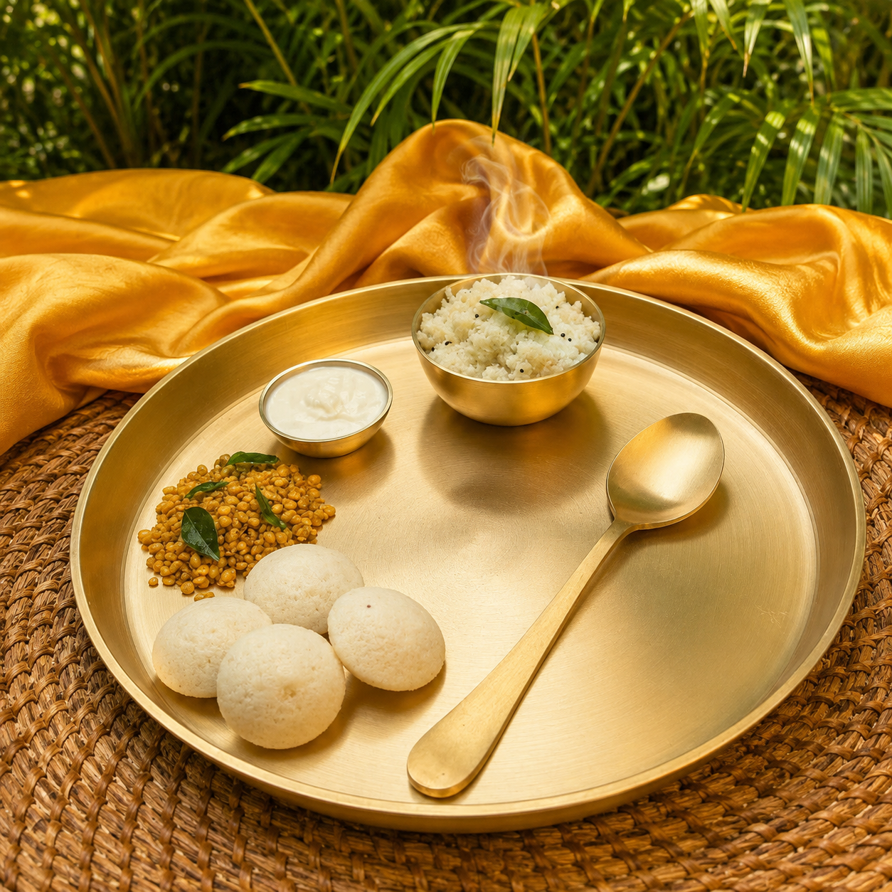 A round brass serving tray holds a small bowl of white rice with a green leaf, a dollop of white chutney, mustard seeds, and four steamed rice cakes on a woven mat, with draped gold fabric and green foliage in the background.