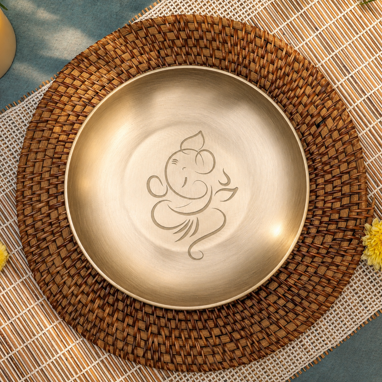 Ambi 100% Pure Lead-Free Kansa Pooja Plate with Ganesha Etching – 8 Inch