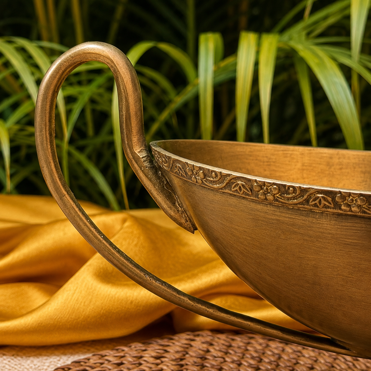 A close-up of a decorative brass bowl with a curved handle and floral engravings on the rim, styled with draped yellow fabric and green leaves in the background.
