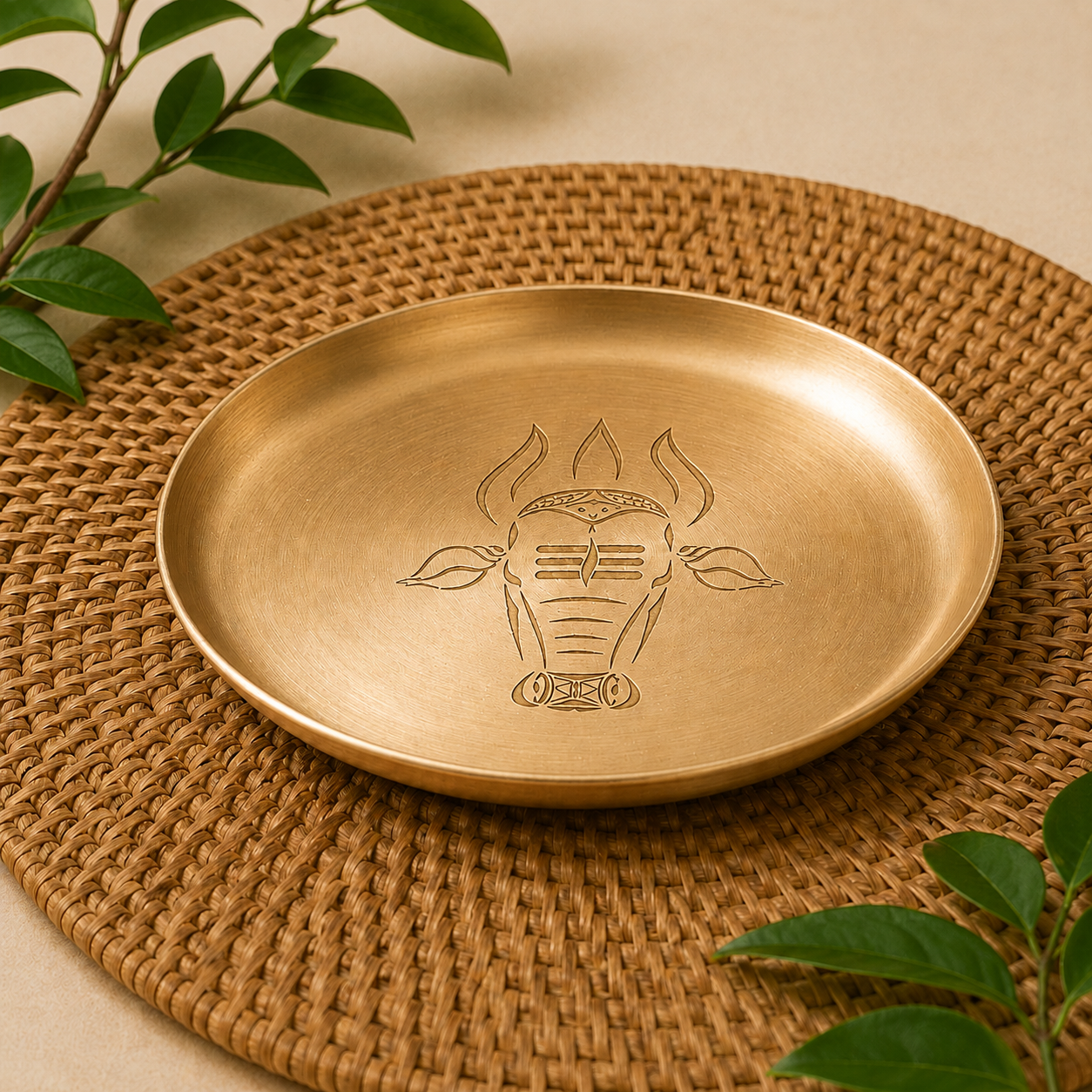 A round brushed brass plate with an engraved Nandi head design, resting on a circular woven placemat with green leaves in the corners.