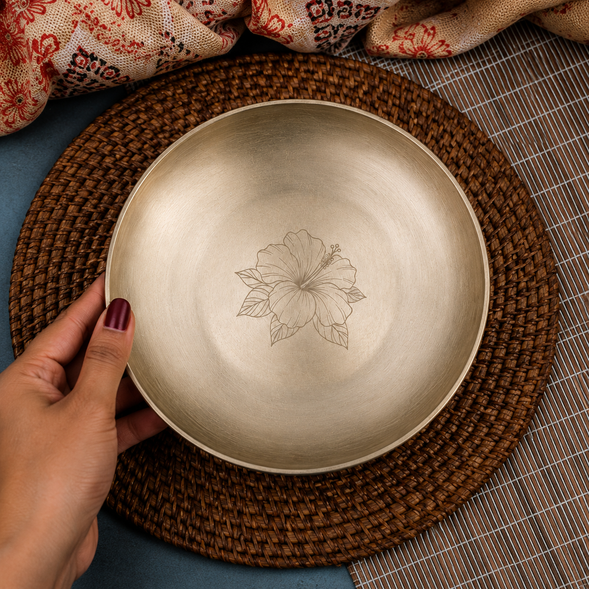 Ambi Kansa Plate with Hibiscus Etched & Cutlery– Premium Gift Box Set