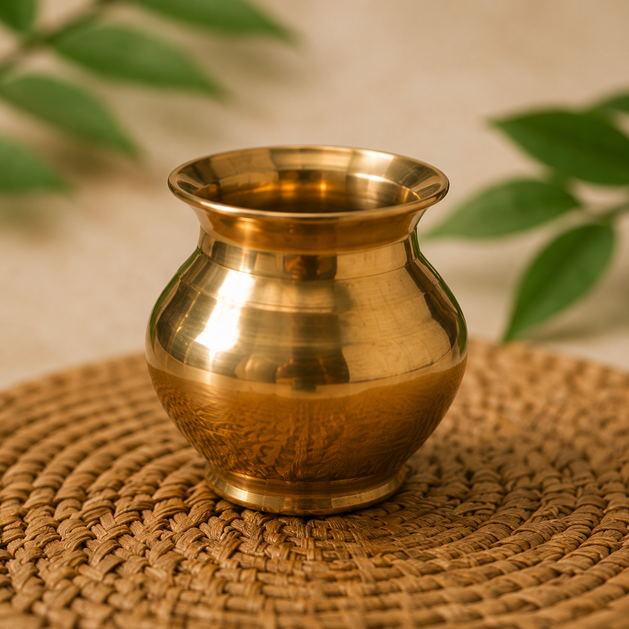 A polished brass pot with a flared rim and rounded body, sitting on a woven round mat with soft-focus green leaves in the background.