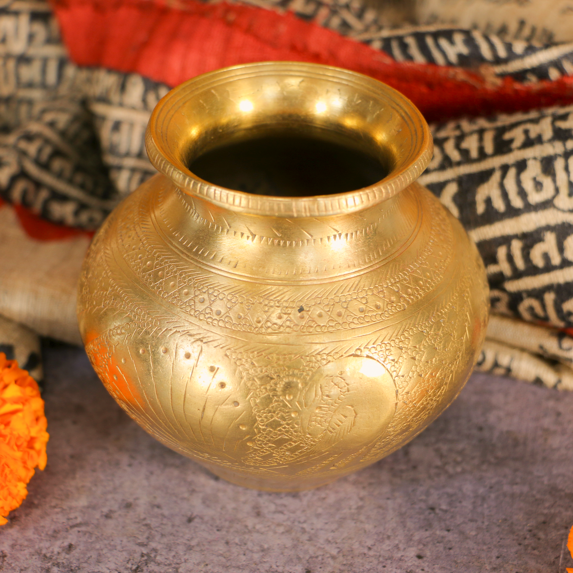 Intricately Hand Carved Brass Vintage Temple Lota - 300 ML