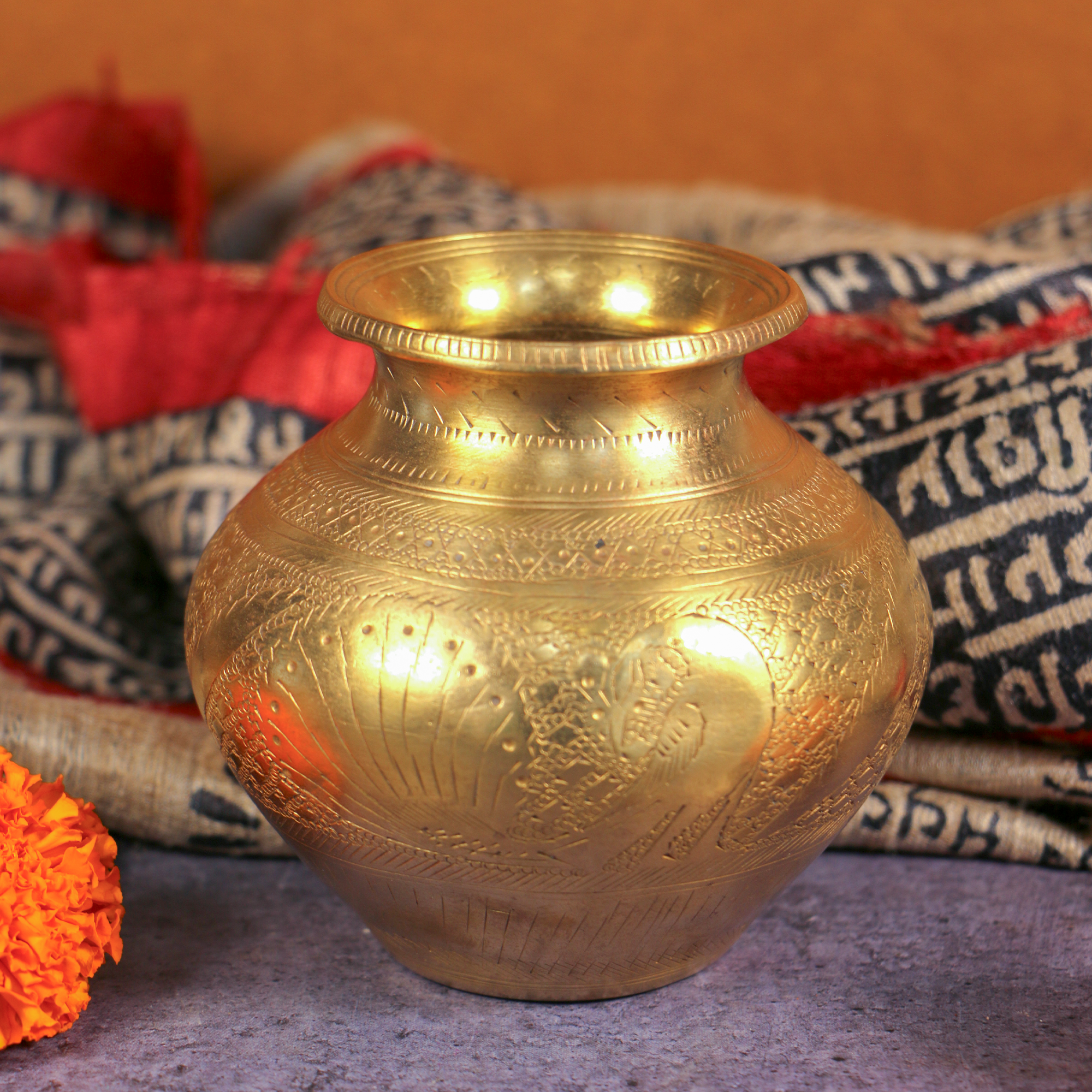 Intricately Hand Carved Brass Vintage Temple Lota - 300 ML