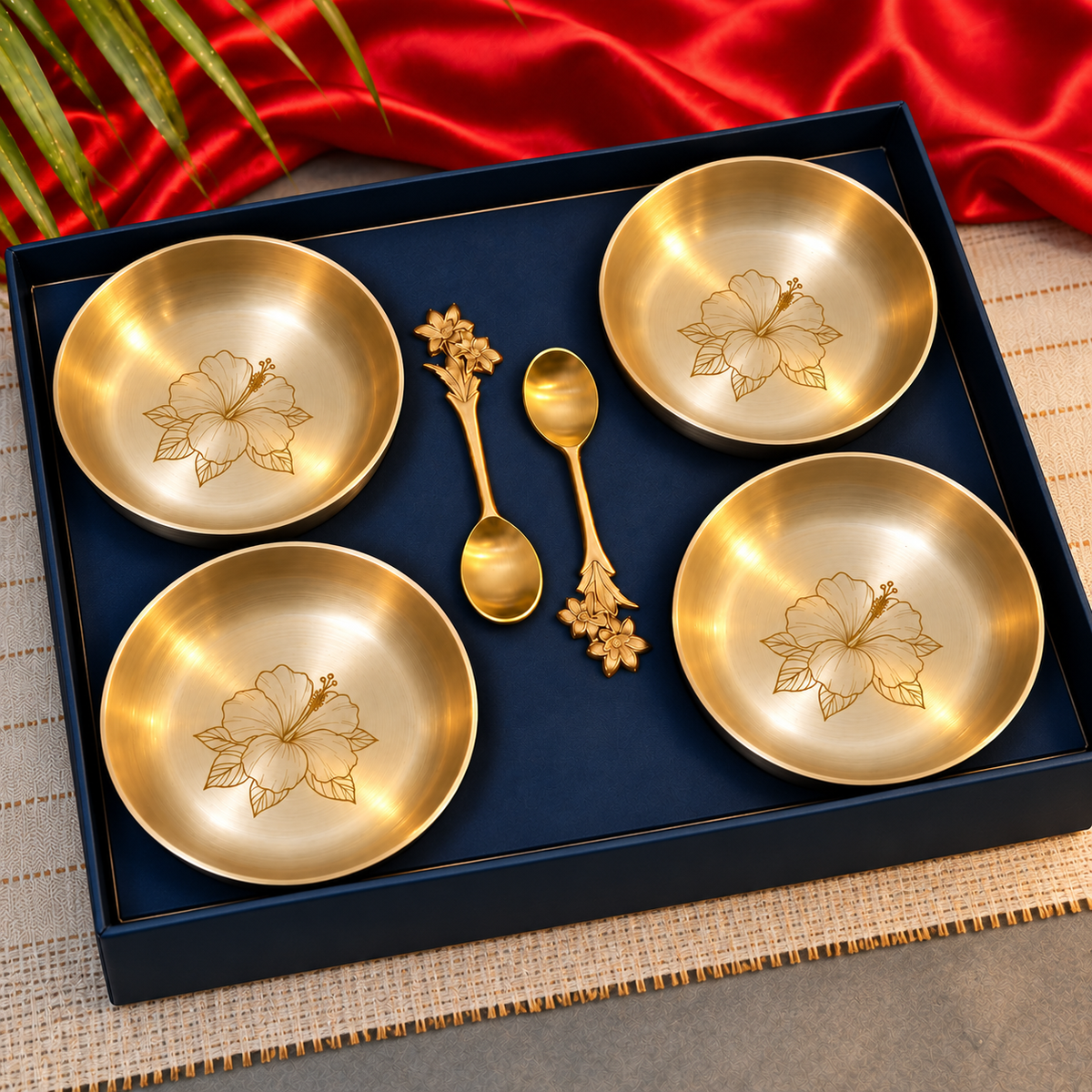Ambi Kansa Dessert Plate  with Hibiscus  Design and Spoon Gift Box - Set of 4