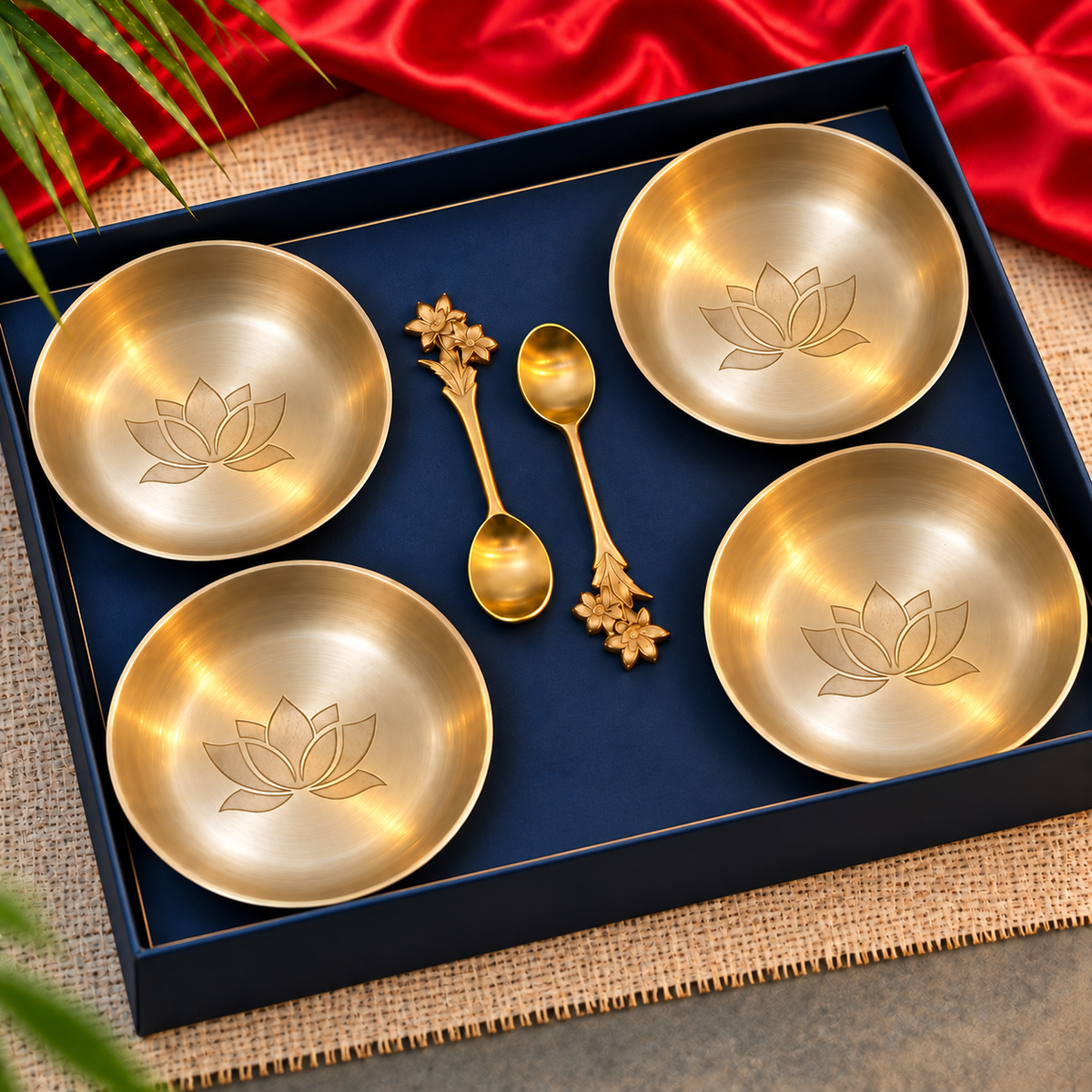 Ambi Kansa Dessert Plate with Lotus Design and Spoon Gift Box - Set of 4
