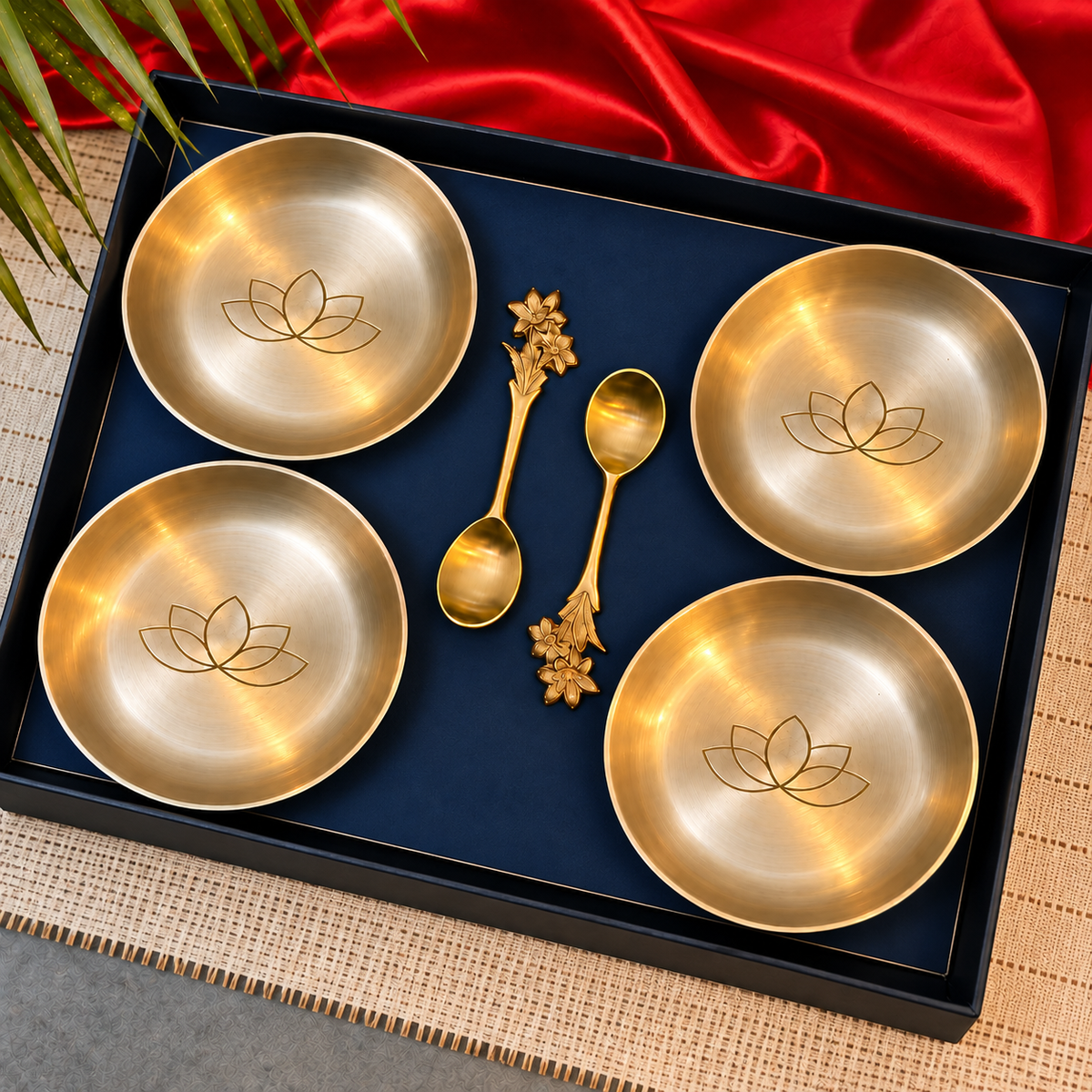 Ambi Kansa Dessert Plate with Lotus Design and Spoon Gift Box - Set of 4