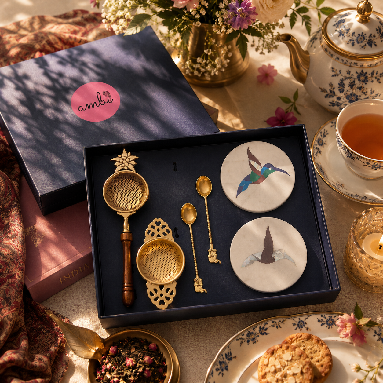Ambi Luxury Brass Tea Set Gift Box — Handcrafted Tea Service for Gifting