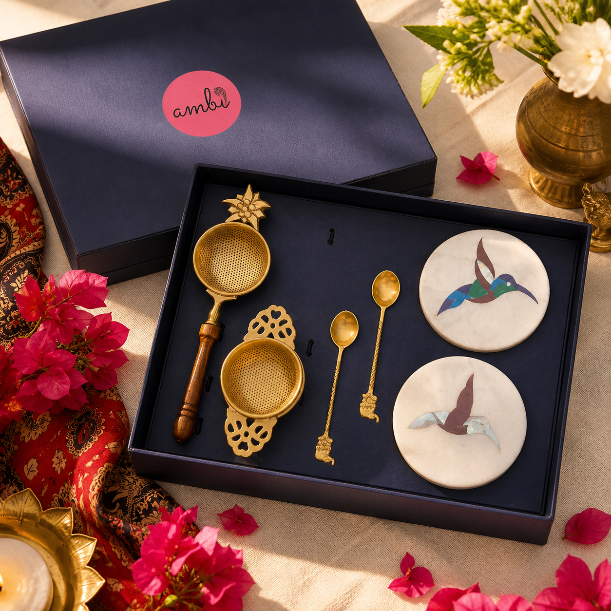 Ambi Luxury Brass Tea Set Gift Box — Handcrafted Tea Service for Gifting