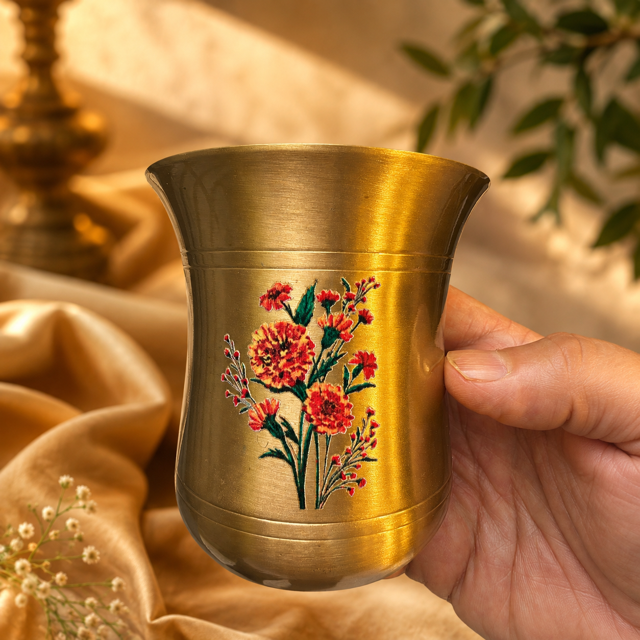 Ambi 100% Pure Kansa Marigold Hand Painted Lota Glass — A Traditional Legacy (275 ML)