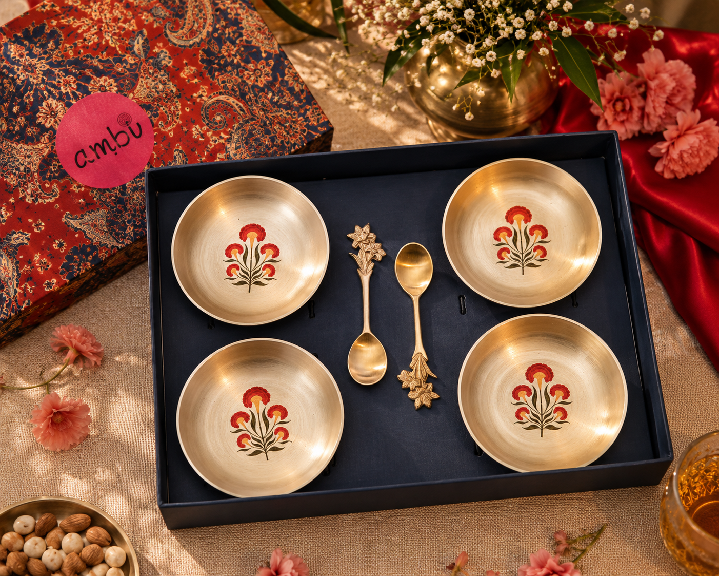 Ambi Kansa Dessert Plate and Spoon Gift Box - Set of 4