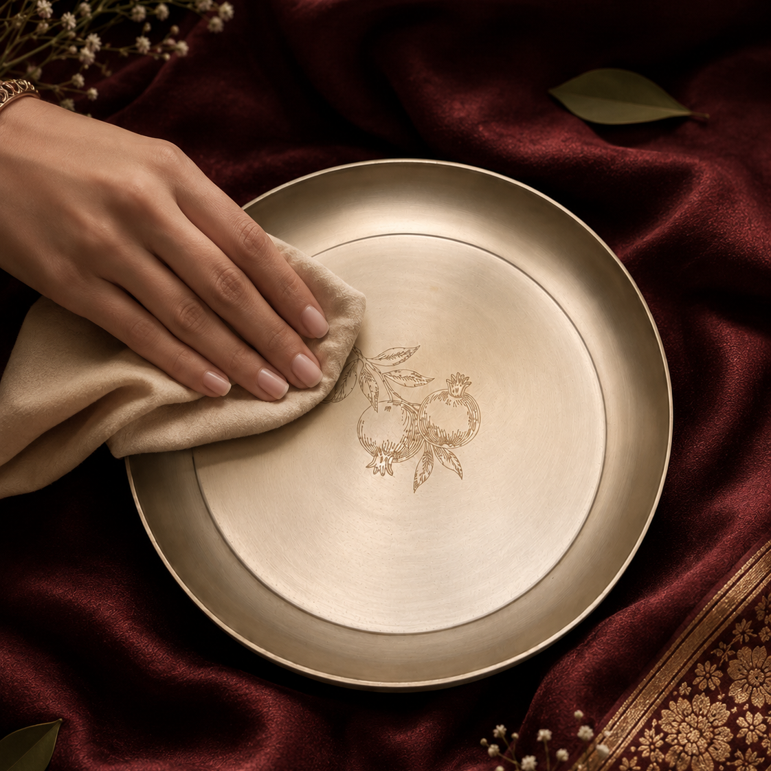 AMBI 100% Pure Lead Free Kansa Plate With Pomegranate Hand Etched Design— 8 Inch High Edge | Dessert & Puja Plate