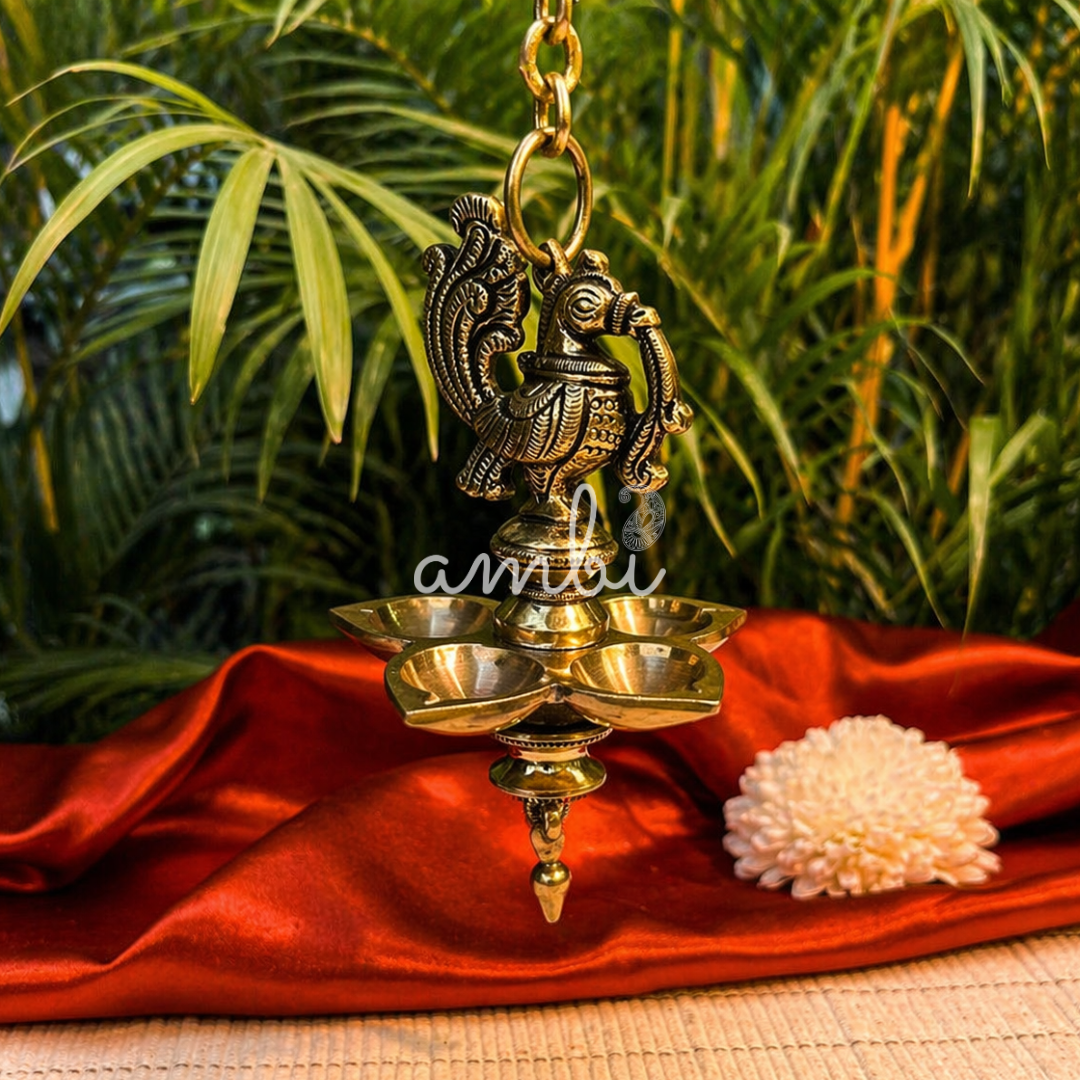 Ambi Pure Brass Hanging Peacock Deepam with 5 Diyas & Chain