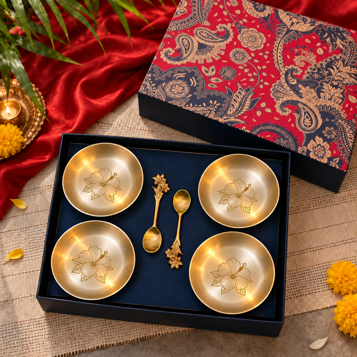 Ambi Kansa Dessert Plate  with Hibiscus  Design and Spoon Gift Box - Set of 4