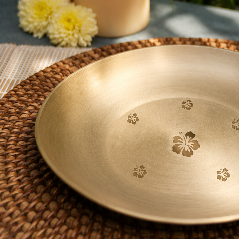 Ambi 100% Pure Lead-Free Kansa Pooja Plate with Hibiscus Etching – 8 Inch