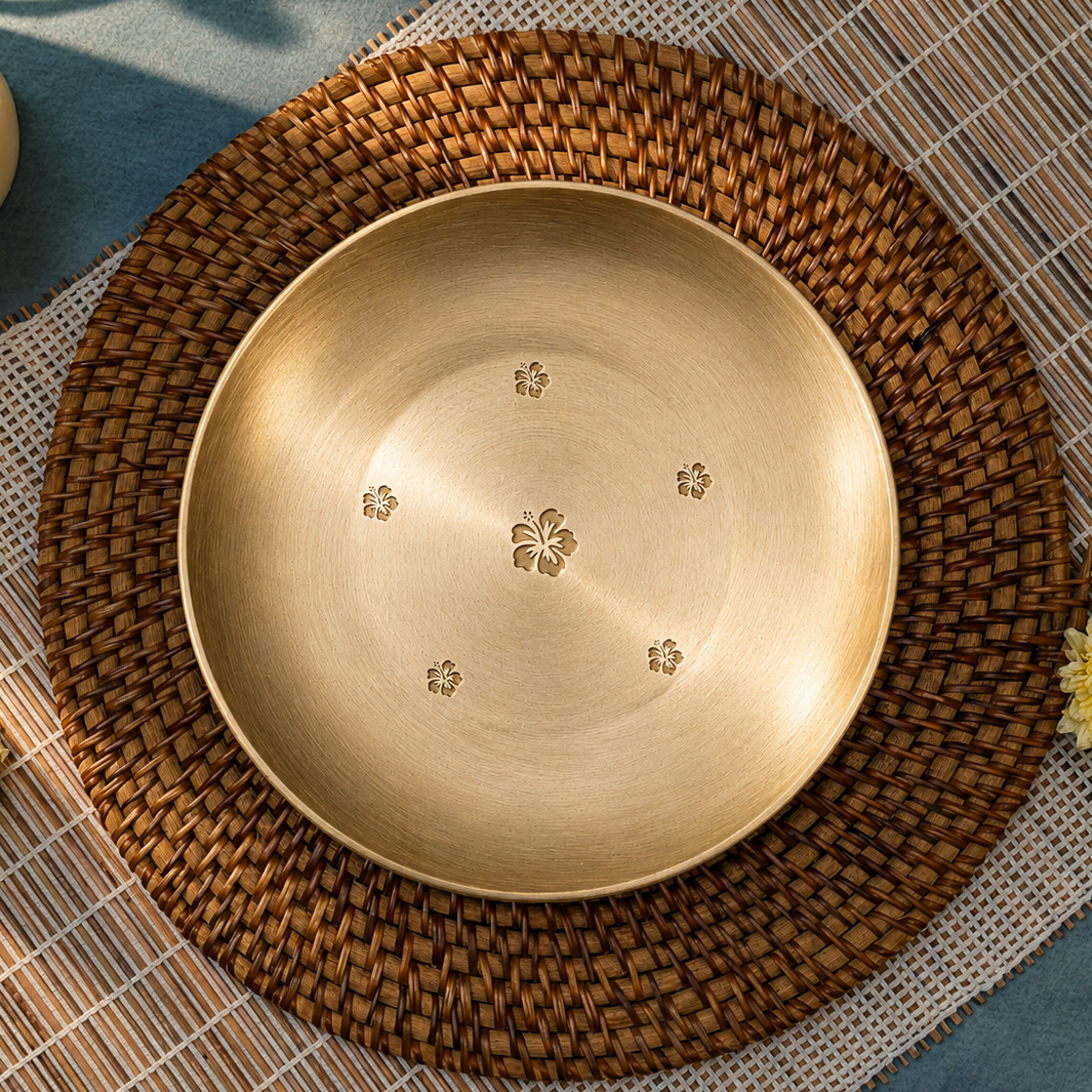 Ambi 100% Pure Lead-Free Kansa Pooja Plate with Hibiscus Etching – 8 Inch