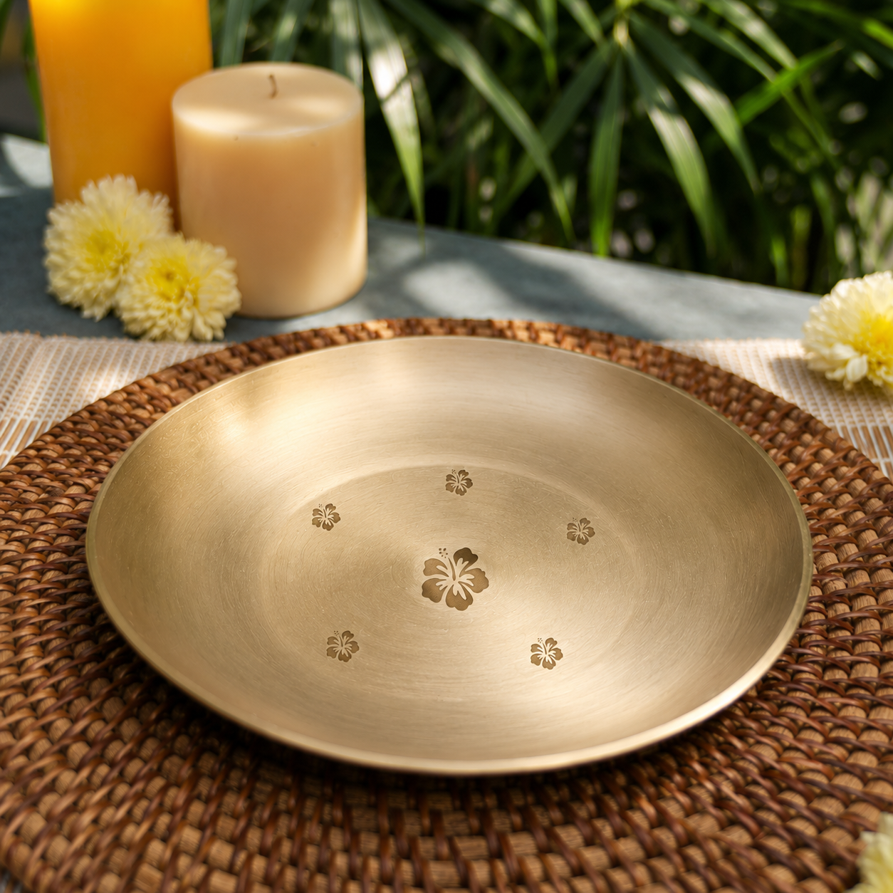 Ambi 100% Pure Lead-Free Kansa Pooja Plate with Hibiscus Etching – 8 Inch