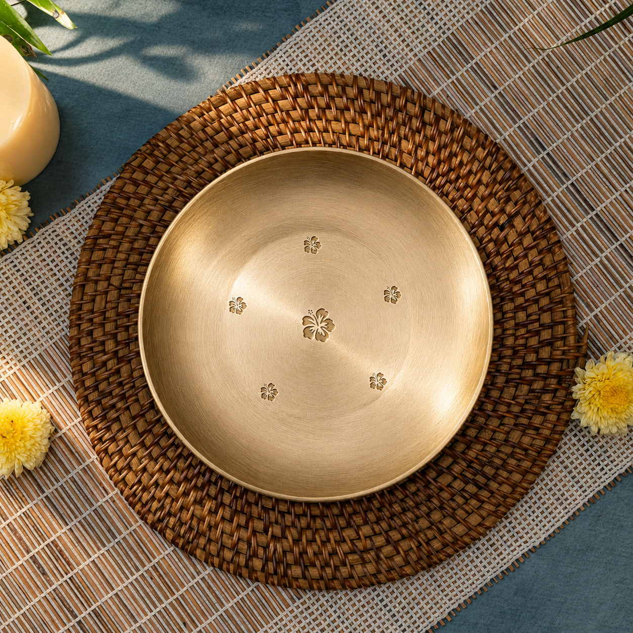 Ambi 100% Pure Lead-Free Kansa Pooja Plate with Hibiscus Etching – 8 Inch