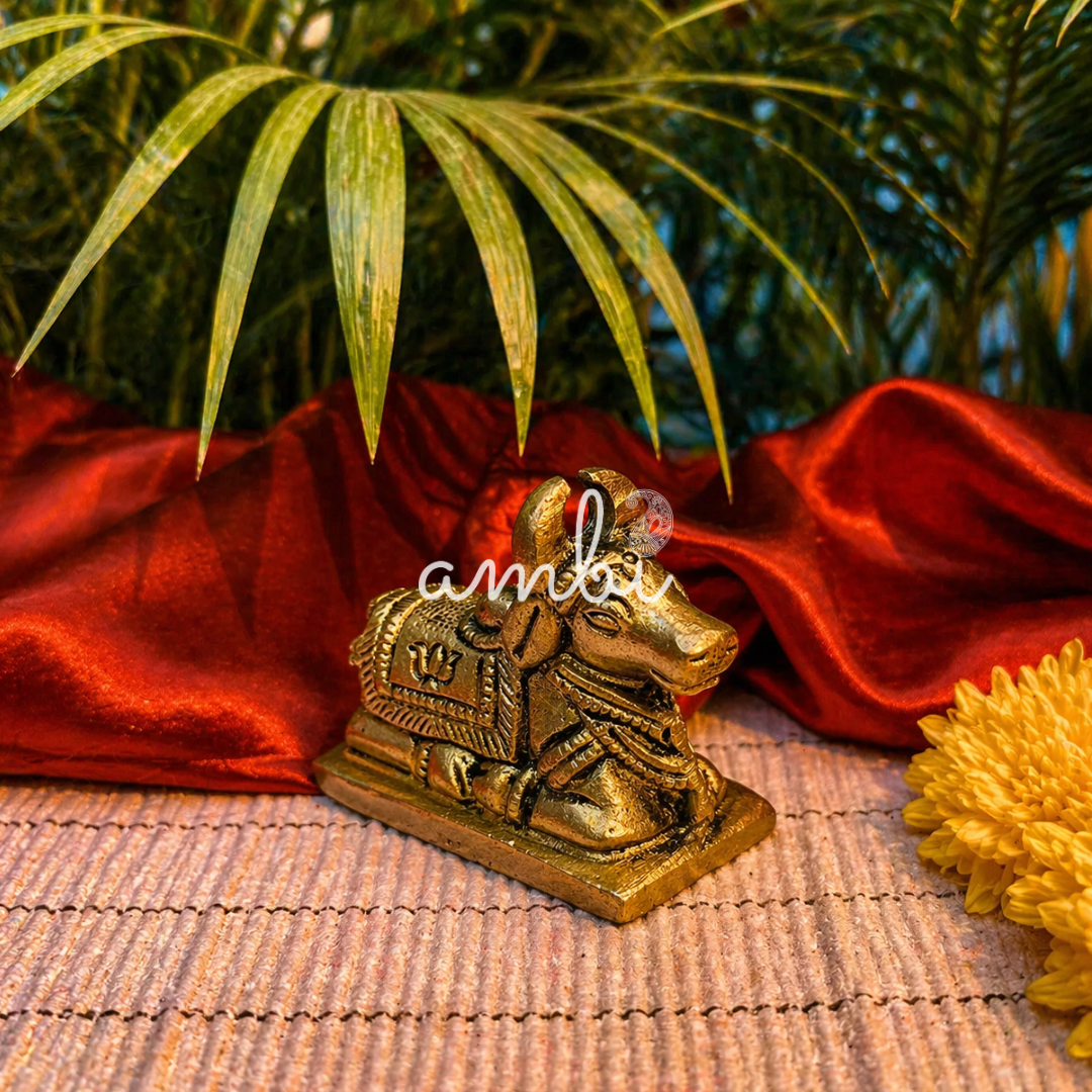 Ambi Pure Brass Nandi Statue with Lotus Engraving - 180 Grams
