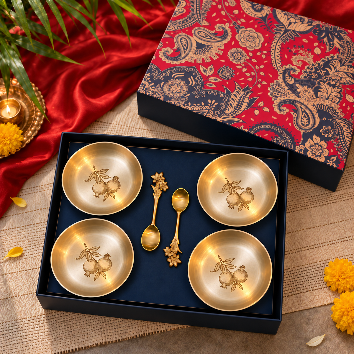 Ambi Pomegranate-Etched Pure Kansa Plate and Brass Spoon Gift Box | Set of 4