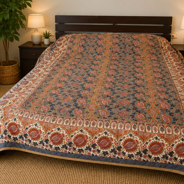 Diwali 2026 Collection - Pink & Light Blue Hand Block Printed Jaipuri Rajai / Quilt- Double - 90X108 Inches