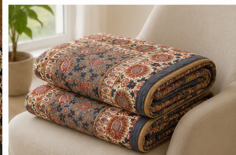 Diwali 2026 Collection - Pink & Light Blue Hand Block Printed Jaipuri Rajai / Quilt- Double - 90X108 Inches