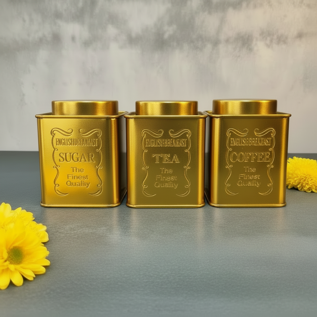 AMBI Tea, Sugar & Coffee Jars - Pure Brass Antique Finish Etched Jar Set of 3
