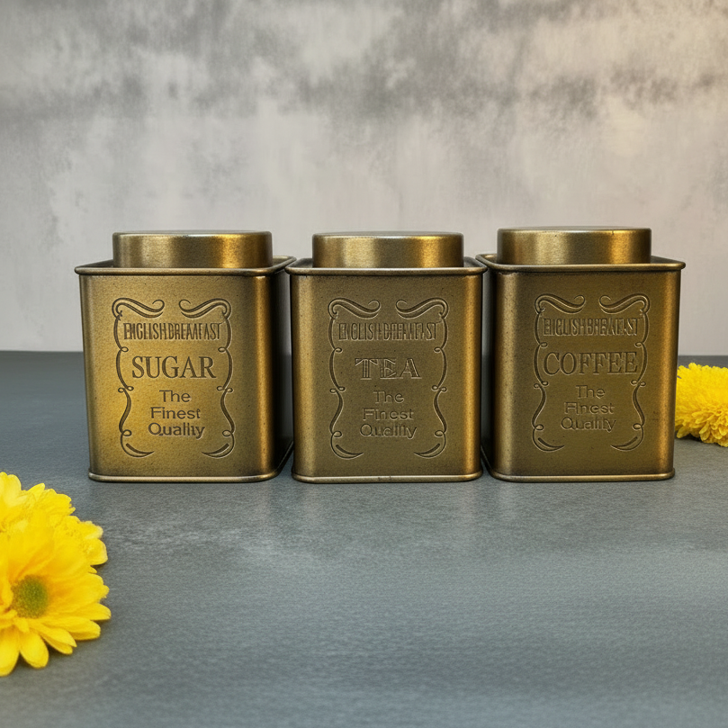 AMBI Tea, Sugar & Coffee Jars - Pure Brass Antique Finish Etched Jar Set of 3