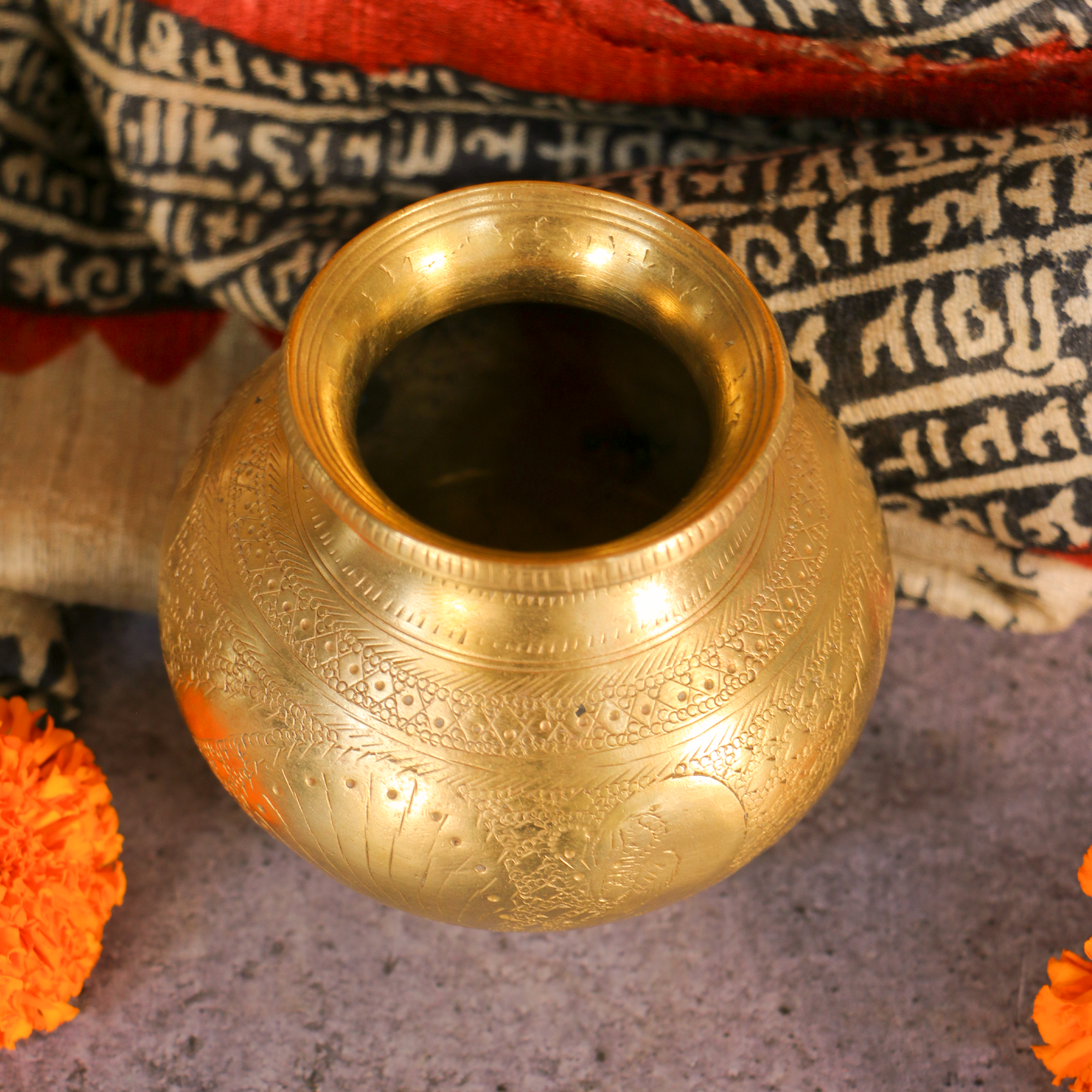 Intricately Hand Carved Brass Vintage Temple Lota - 300 ML