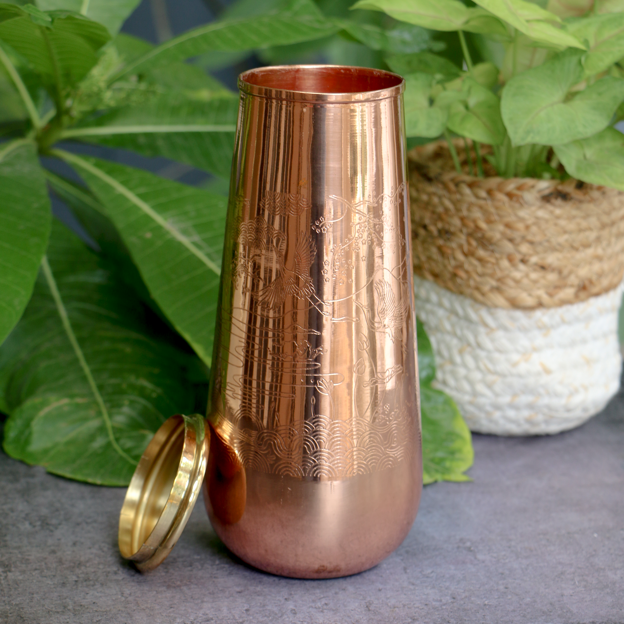 Ambi Pure Copper Engraved Jug 950 ml with wooden Lid