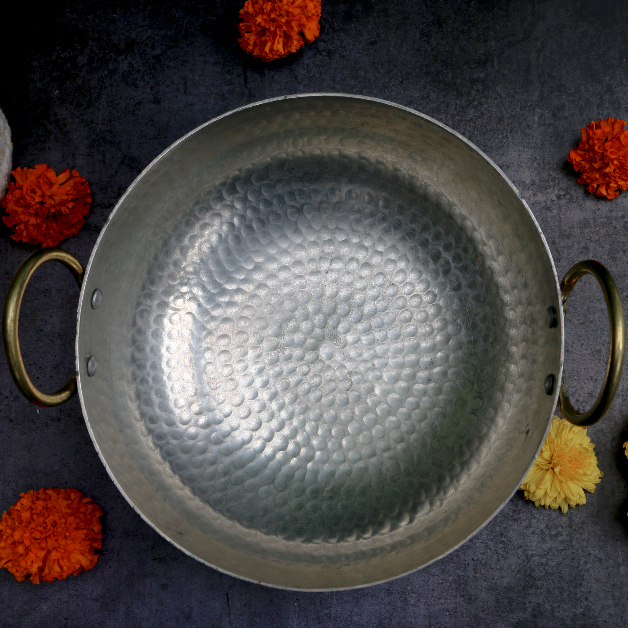 Ambi 100% Pure Hammered Polished Brass 'Peetal ki Kadai with Kalai'  - Small - Heavy Bottom 7 inches - 0.75 Litre