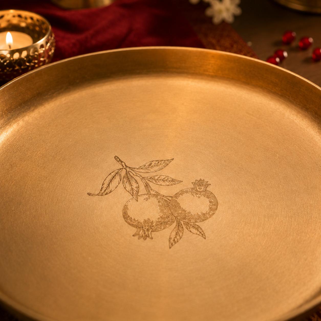 AMBI 100% Pure Lead Free Kansa Plate With Pomegranate Hand Etched Design— 11 Inch High Edge | Dessert & Puja Plate